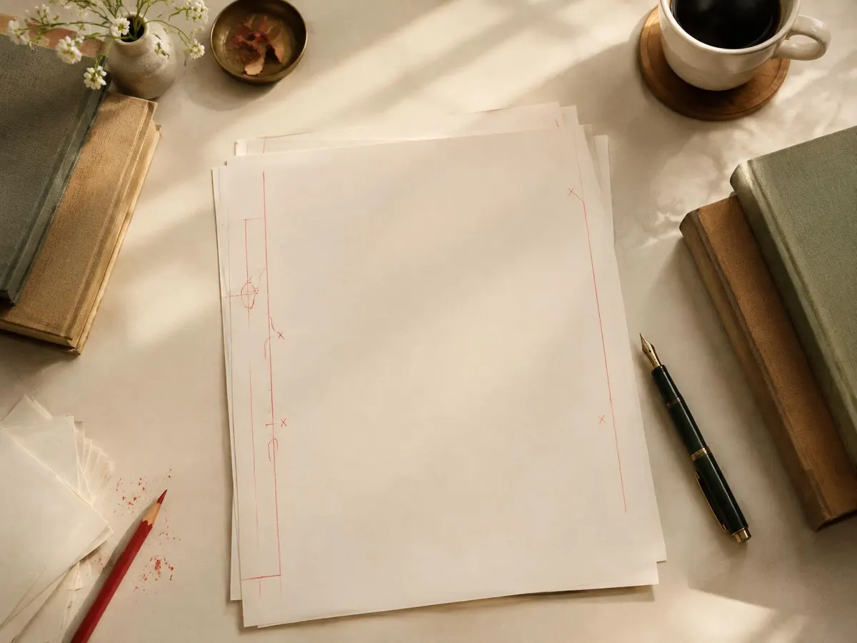 A quiet writing desk with a notebook and a view of the city skyline, representing the focused endurance of a long-term writing career.