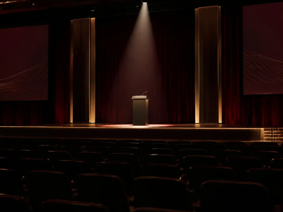 A Broadway producer standing in the darkened wings of a theater, looking toward the stage lights.