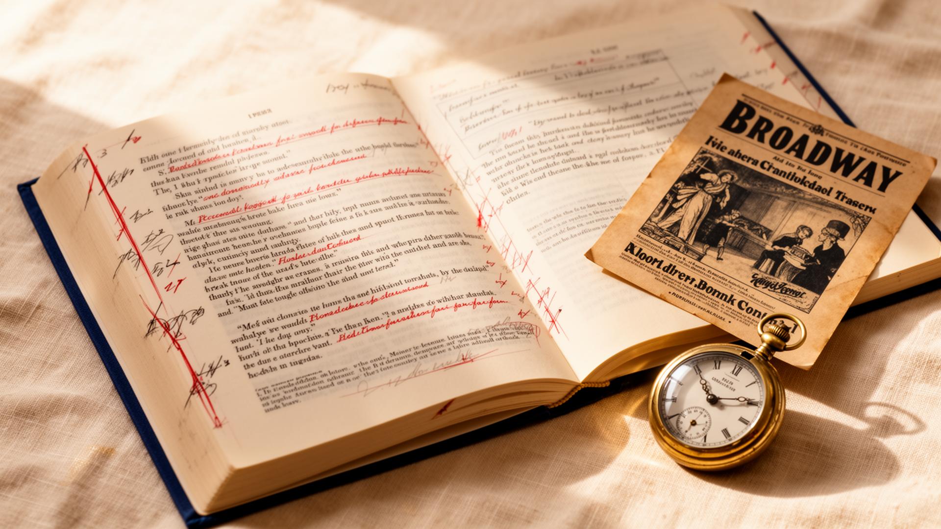 Open manuscript with red editing marks beside a vintage Broadway playbill and a brass pocket watch.