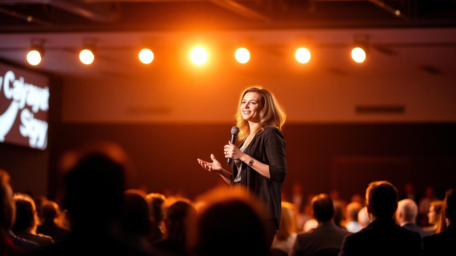 A keynote speaker on stage in warm spotlight addressing a conference audience.