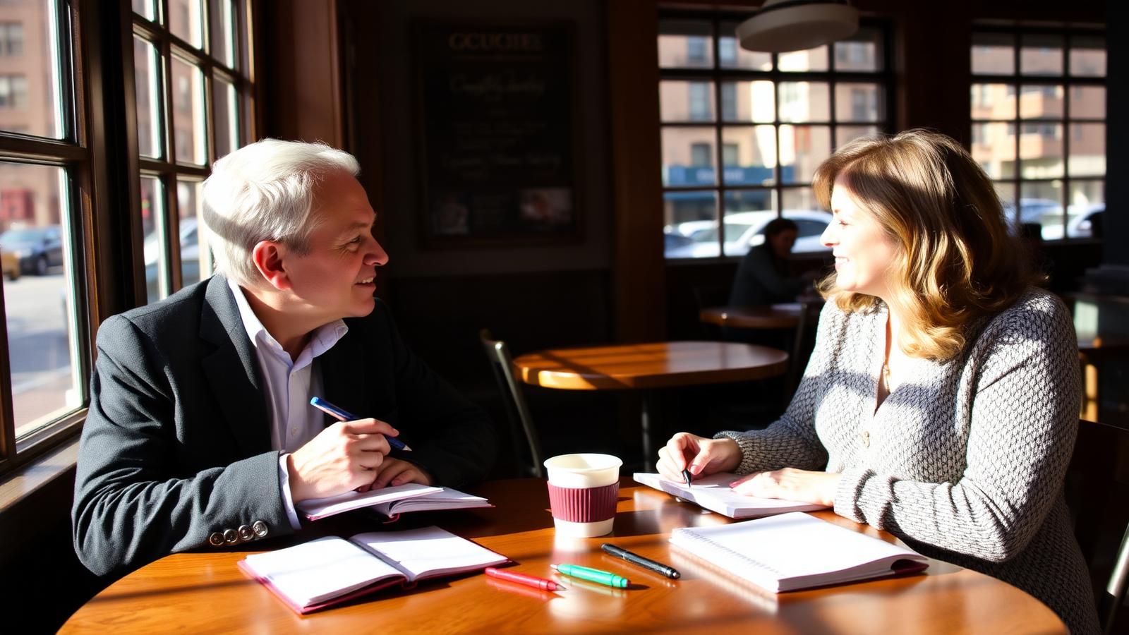 Two writers meeting over coffee in a sunlit New York cafe with notebooks and pens on the table.