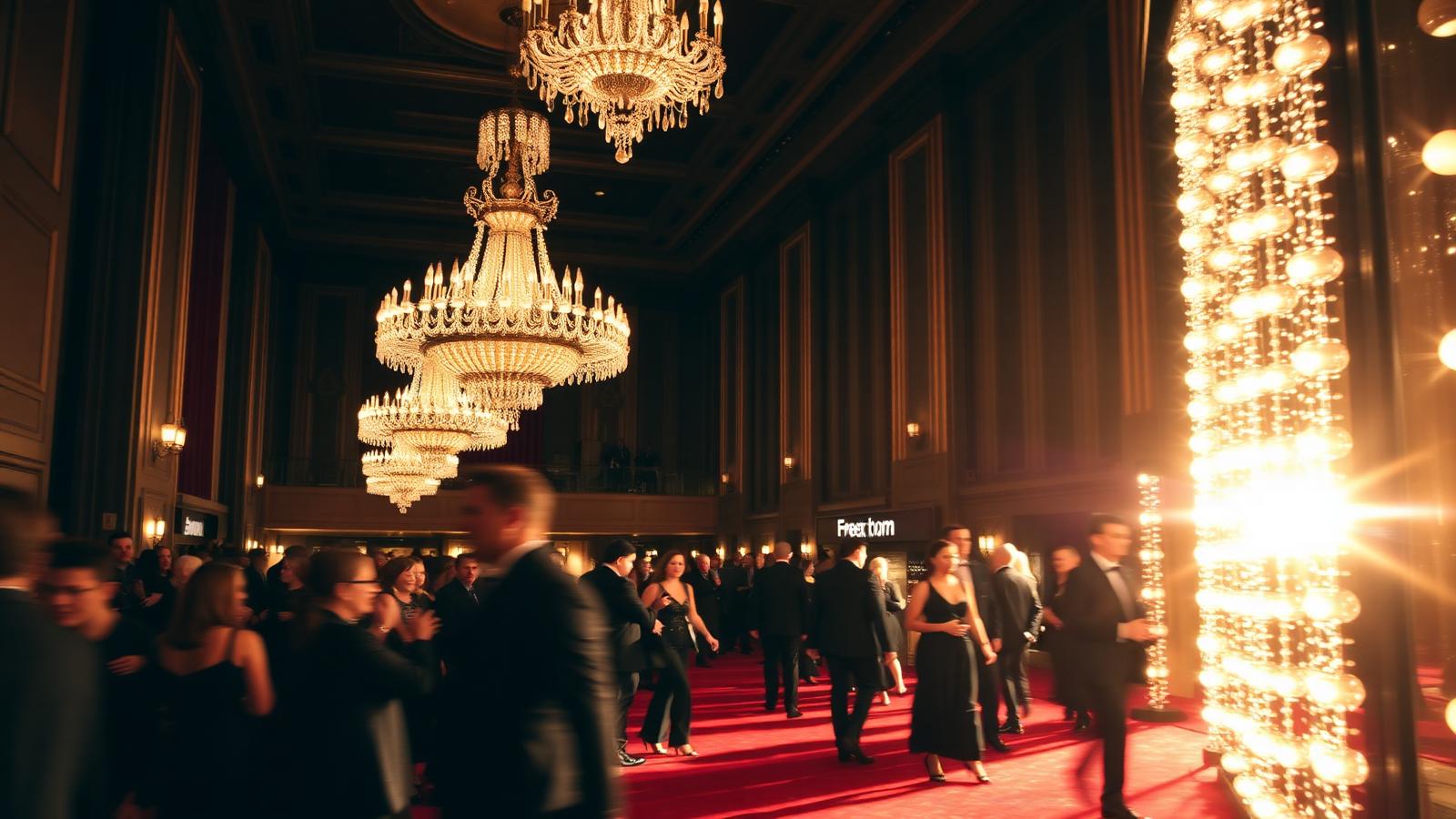 An elegant Broadway theater lobby on opening night with crystal chandeliers, red carpet, and formally dressed guests.