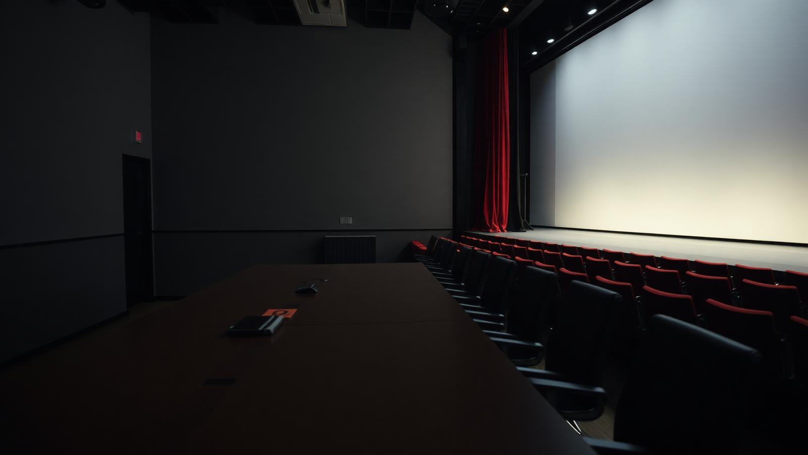 A modern boardroom table meeting the edge of a theater stage — the producer's mindset applied to business.