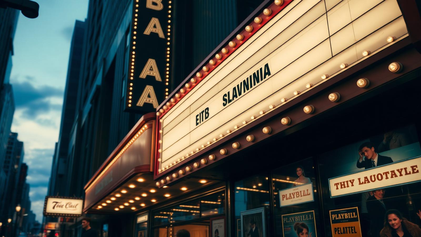 A bright Broadway theater marquee at dusk with vintage bulbs and playbill posters below.