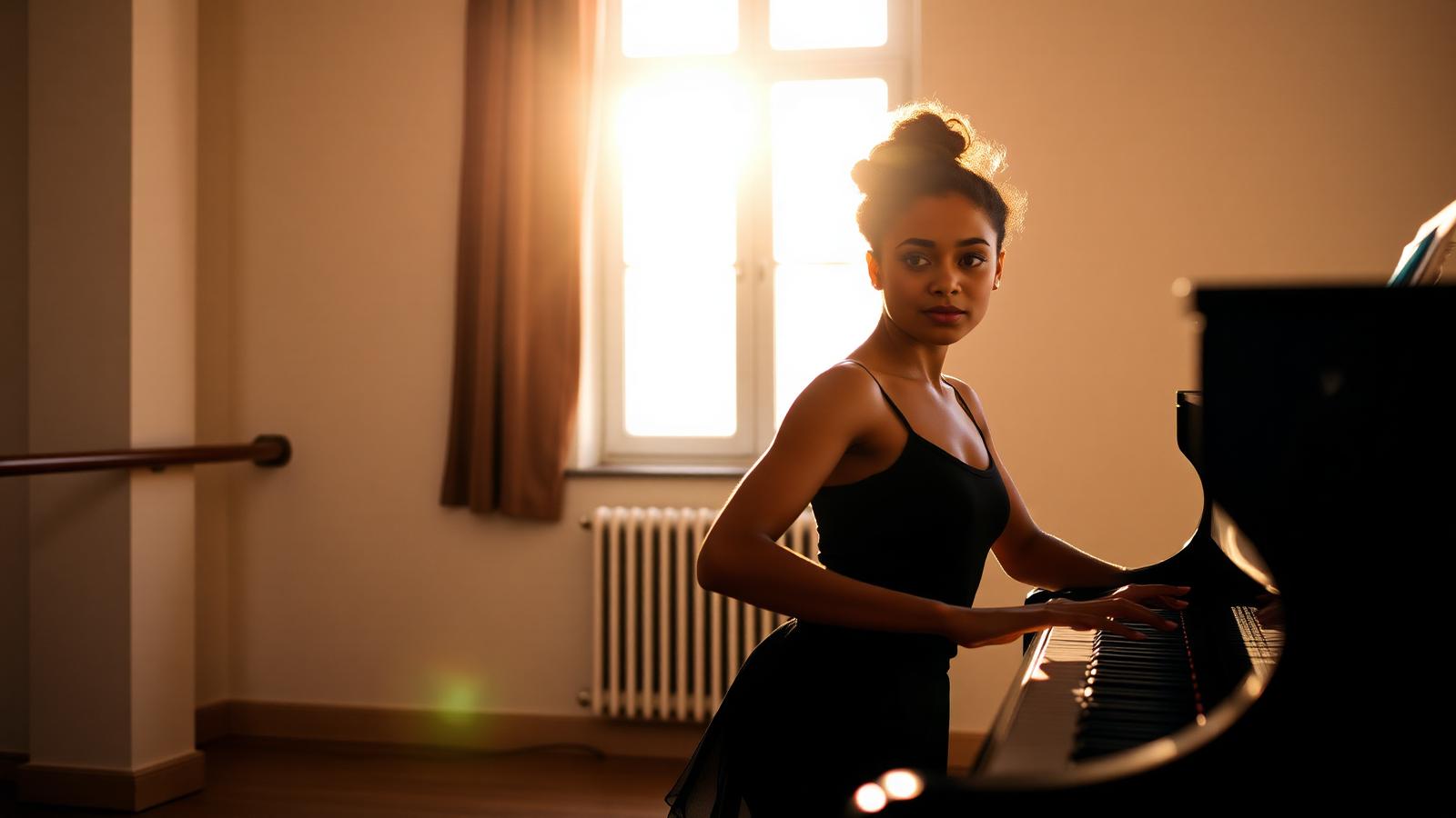 A young arts student rehearsing at a piano in a sunlit studio — the human potential scholarships fund.