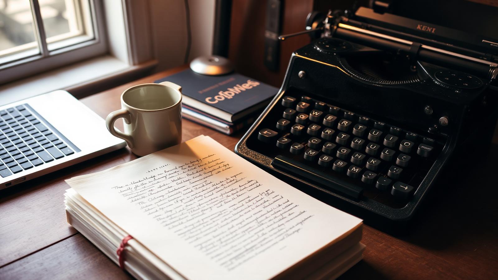 An author's writing desk with a manuscript, coffee mug, and typewriter in warm morning light.
