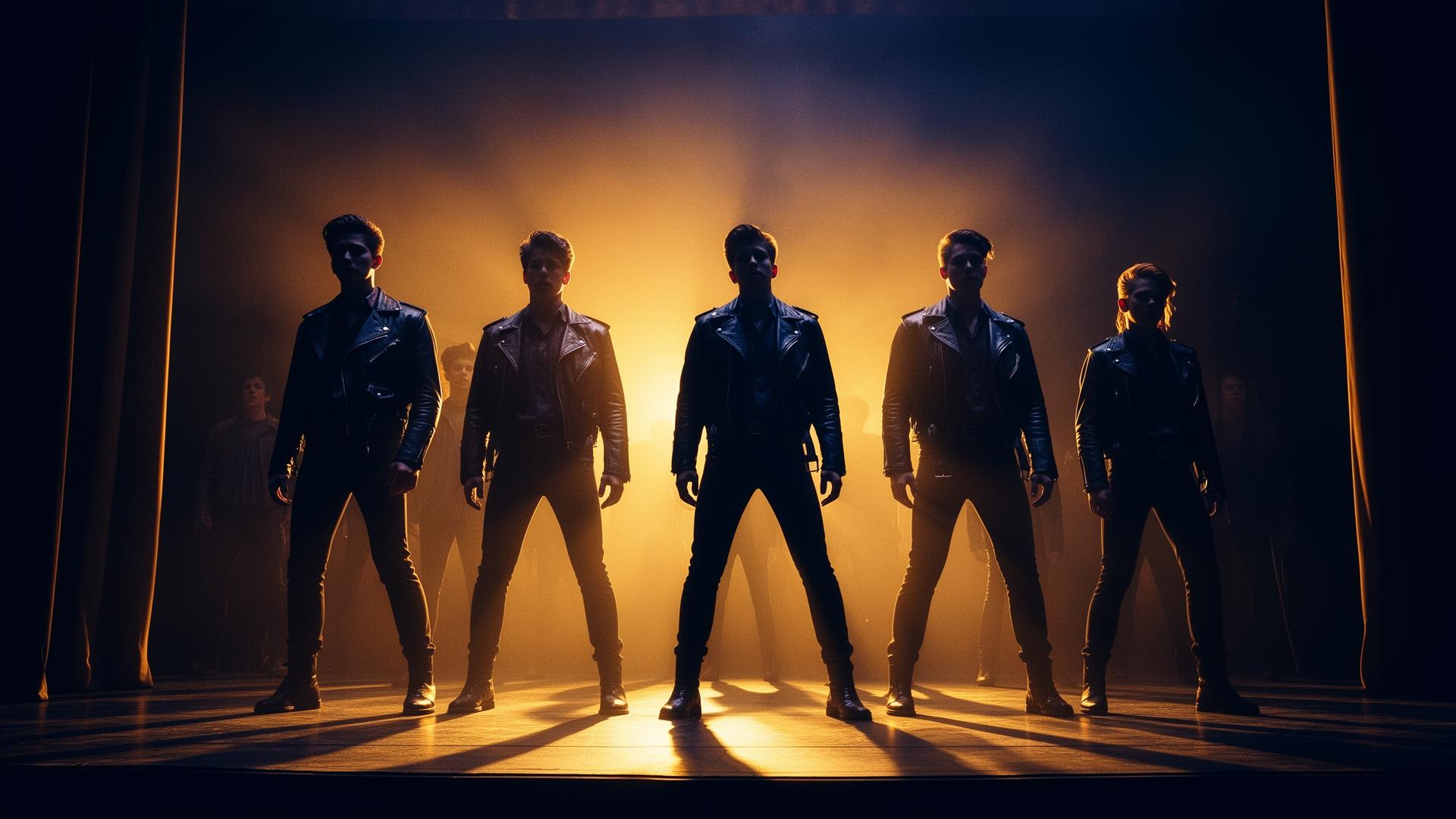 Silhouettes of young performers in leather jackets on a dramatically lit Broadway stage.
