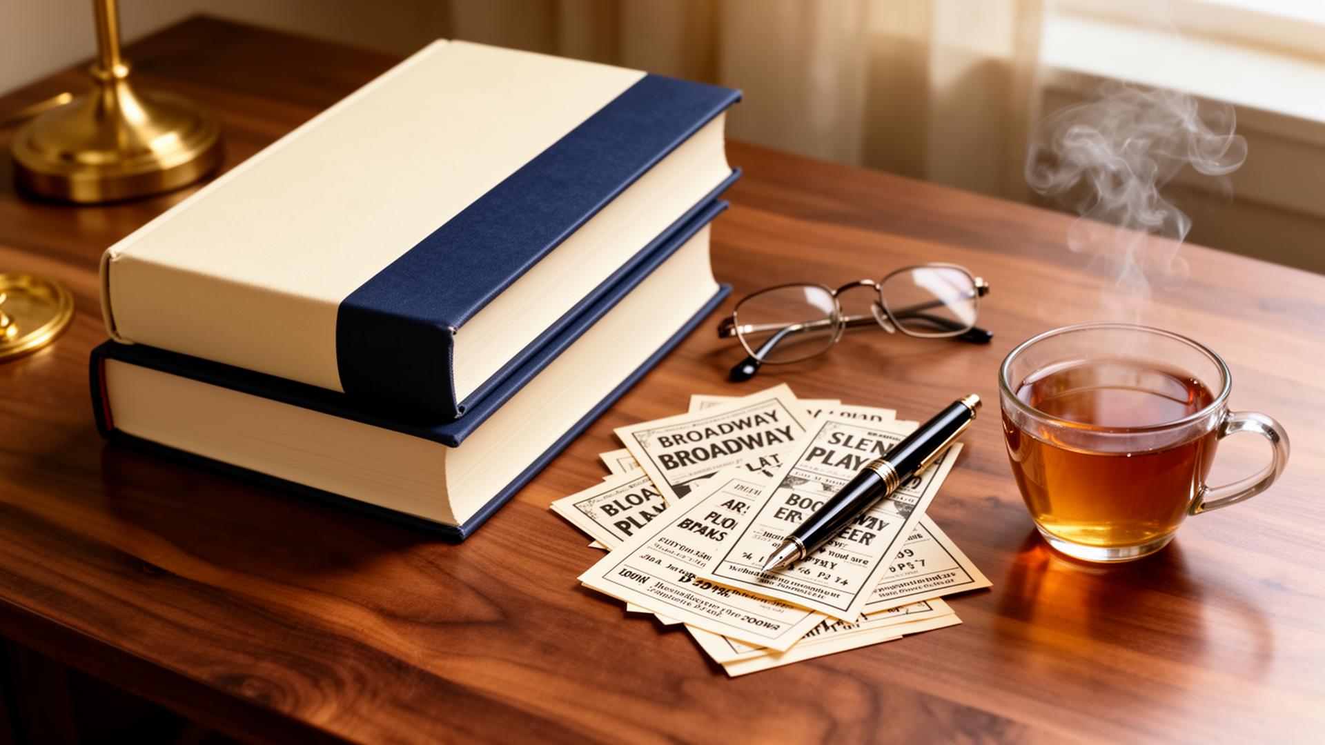 A stack of hardcover books on a walnut desk beside Broadway playbills, reading glasses, and a fountain pen.