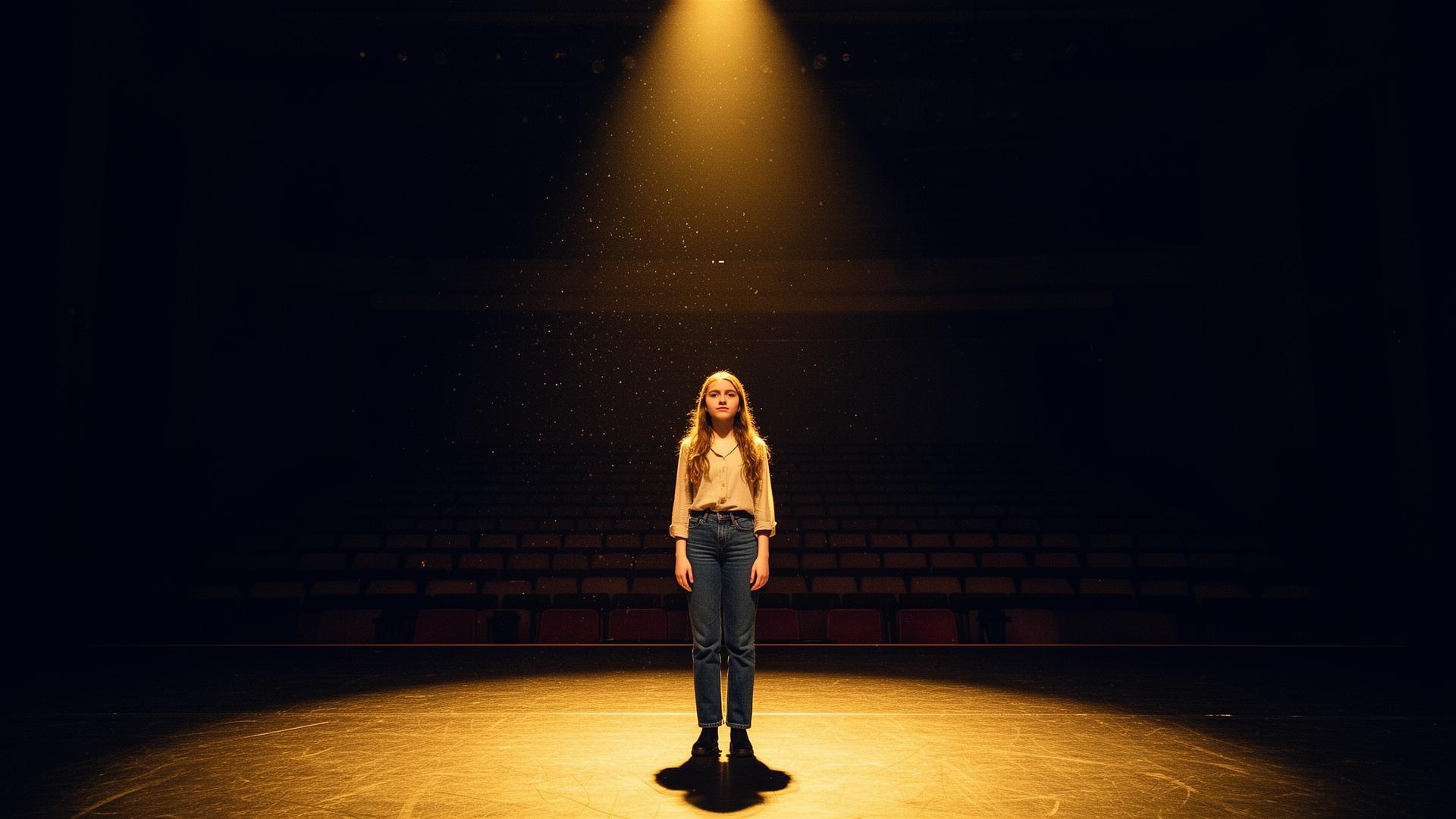 A young theatre student standing alone on a rehearsal stage under a warm gold spotlight.