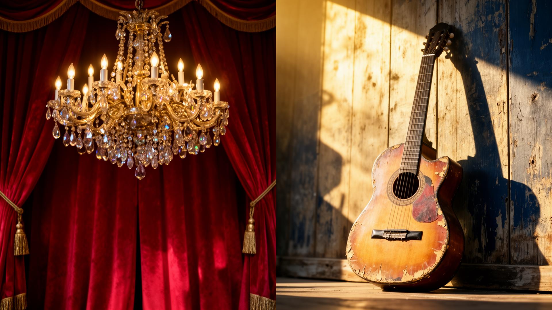 Split composition of opulent red Moulin Rouge curtains with a chandelier and a weathered Cuban guitar against painted wood.