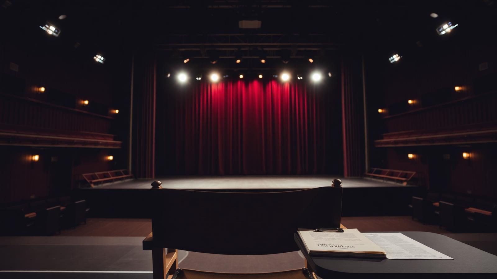 A director's chair on an empty Broadway stage with a script open on the production table in the foreground.