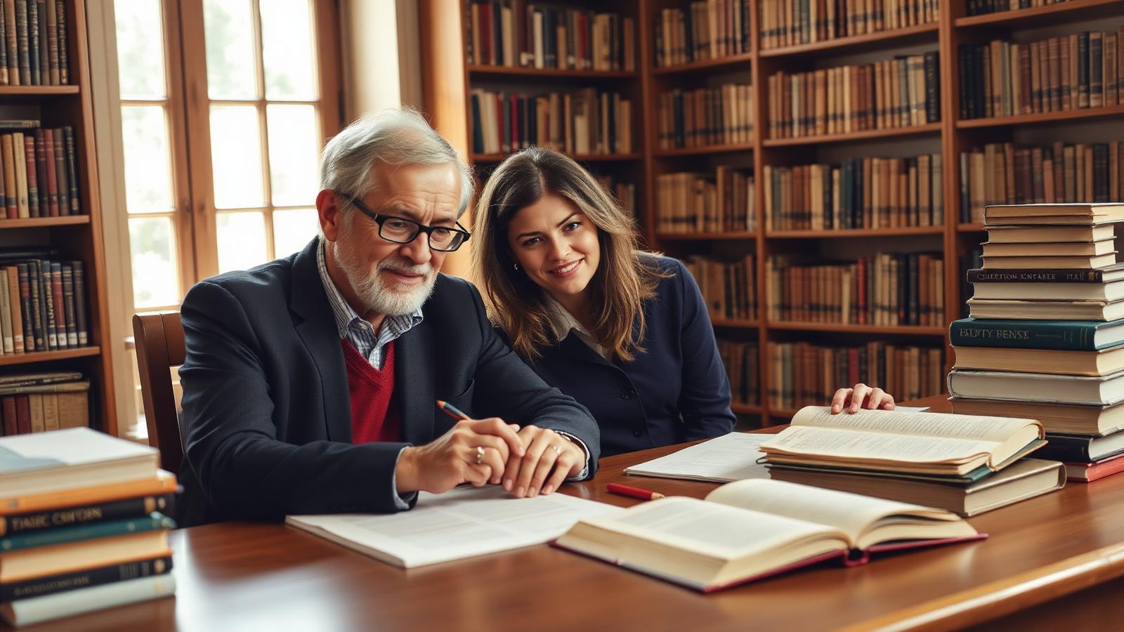 An experienced book editor working alongside a writer at a manuscript-covered library desk.