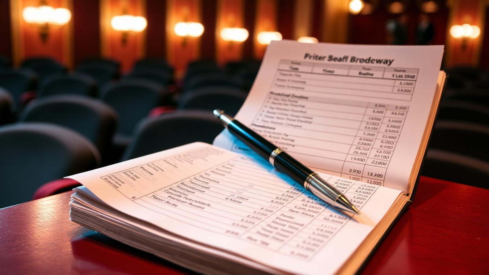 Broadway financial ledger and producer's pen on a spreadsheet with velvet theater seats in the background.
